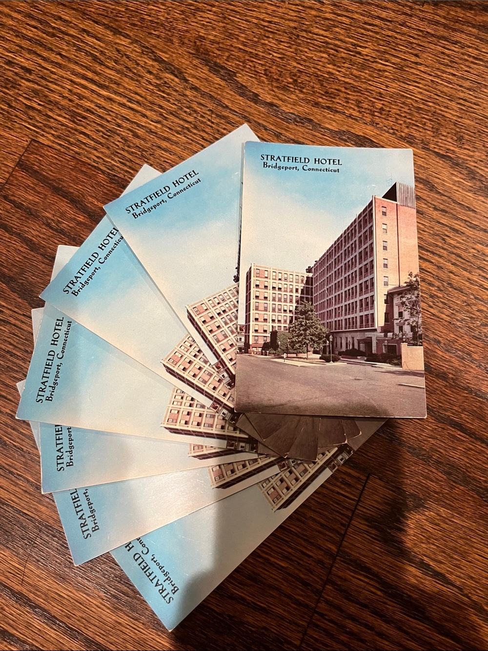 Stratfield Hotel Bridgeport Vintage 7 Postcard Set - Blue Sky & Tan Building